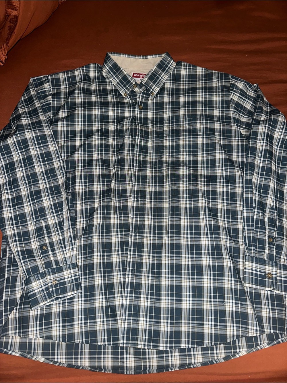 Wrangler Blue and White Plaid Button-Down Shirt